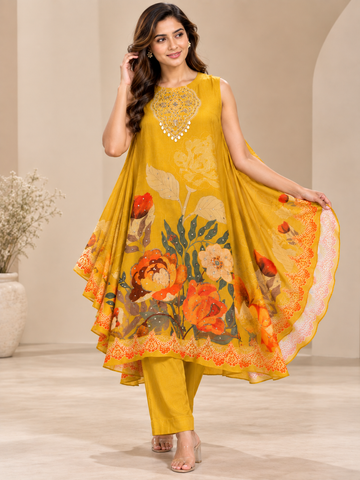 Ranas Mustard Yellow Printed Silk Embroidered Co-Ord Set