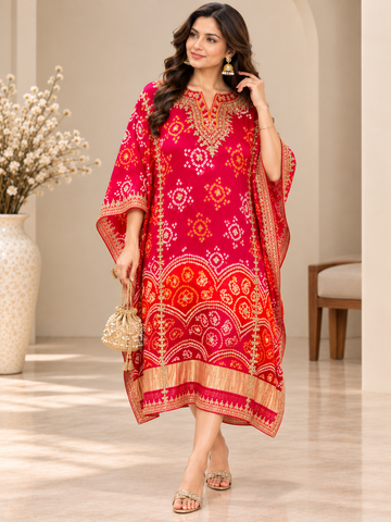 Ranas Red, Orange & Pink Bandhej Gajji Silk Embroidered Kaftan