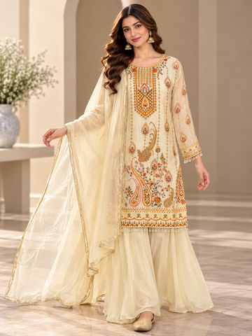 Ranas Cream Muslin Silk Embroidered Three-Piece Suit Set