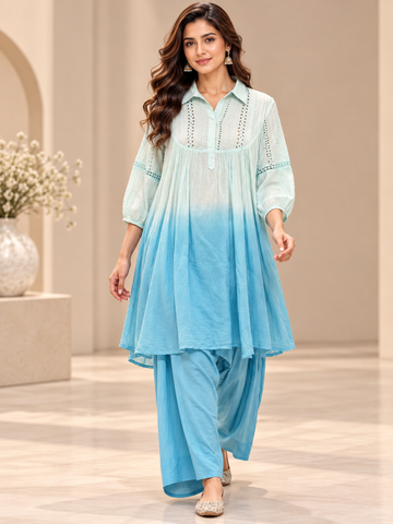 Ranas Ice Blue Shaded Mul Cotton Co-Ord Set
