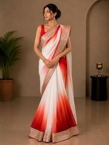 Ranas Pure Chiffon Red & White Shaded Saree