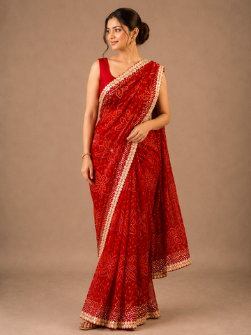 Ranas Red Color Premium Bandhej Saree