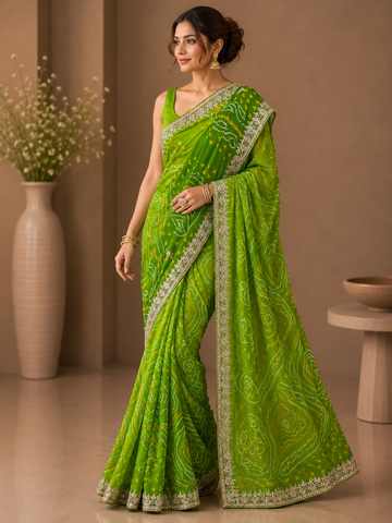 Ranas Olive Green Shaded Gota Patti Bandhej Saree