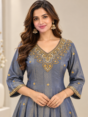 Ranas Blue-Grey Tissue Embroidered Anarkali Set