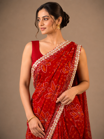 Ranas Red Color Premium Bandhej Saree
