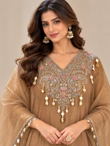 Ranas Peach Tissue Organza Embroidered Kaftan Set