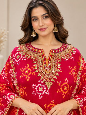 Ranas Red, Orange & Pink Bandhej Gajji Silk Embroidered Kaftan