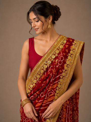 Ranas Royal Red Bandhej Saree with Sequin & Marori Work