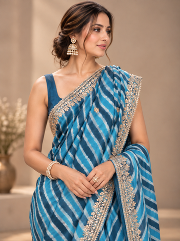 Ranas Blue Leheriya Tussar Silk Saree with Gota Patti Work