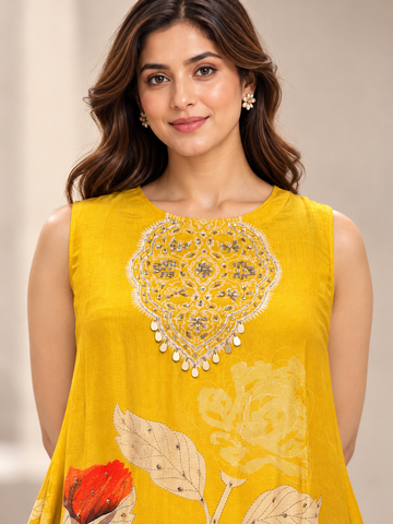 Ranas Mustard Yellow Printed Silk Embroidered Co-Ord Set