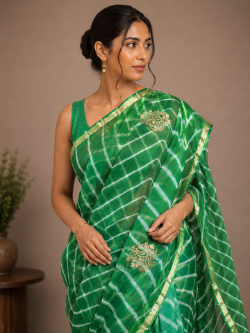 Ranas Green Color Pittan Work Leheriya Saree