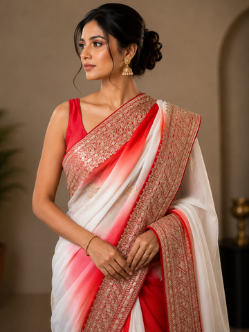 Ranas Pure Chiffon Red & White Shaded Saree