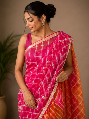 Ranas Sequins & Aari work Leheriya Saree