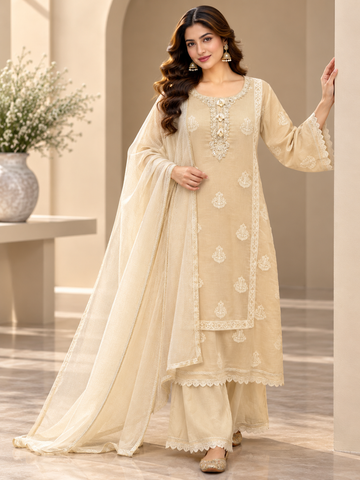 Beige Chikankari Mul Chanderi Three-Piece Suit Set