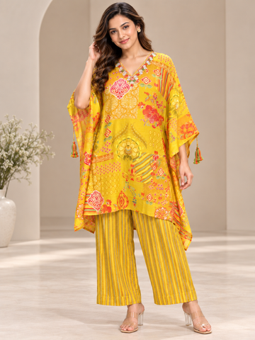 Ranas Yellow Printed Muslin Silk Embellished Kaftan Set