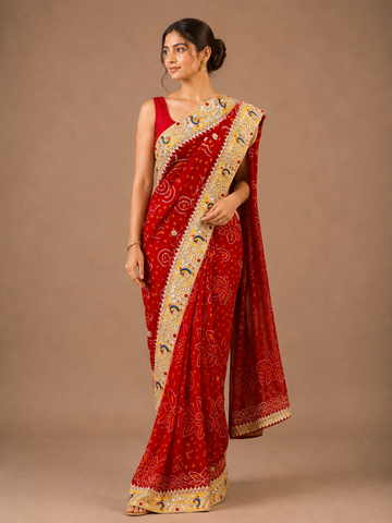 Ranas Red Color Peacock Motif Work Bandhej Saree