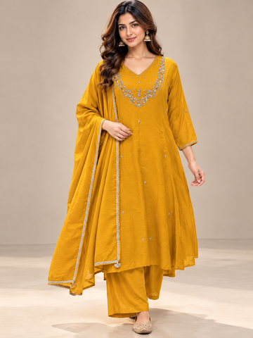 Ranas Mustard Yellow Mul Cotton Three-Piece Suit Set