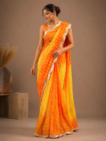 Ranas Yellow & Orange Shaded Bandhej Saree