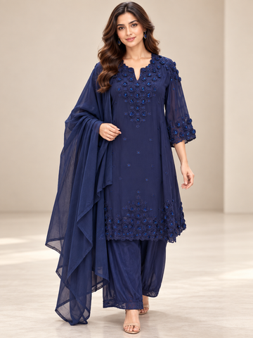 Ranas Blue Silk Embroidered Three-Piece Suit Set