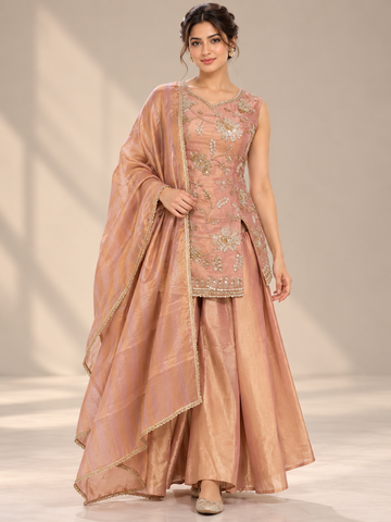 Ranas Peach Tissue Embroidered Three-Piece Sleeveless Suit Set