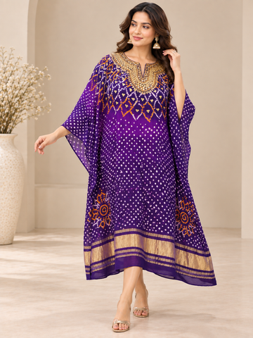 Ranas Purple Bandhej Gajji Silk Embroidered Kaftan