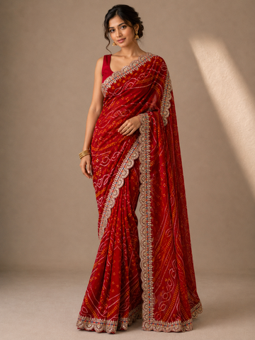 Ranas Festive Red Bandhej Saree with Traditional Embroidery