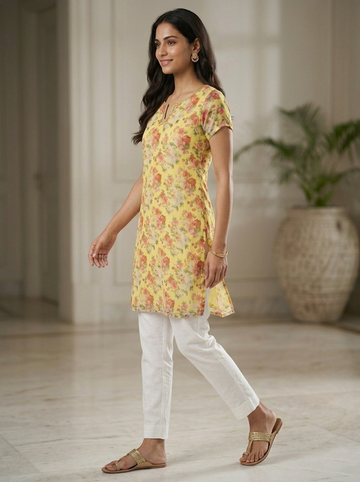 Ranas Organza fabric Yellow Printed Kurti