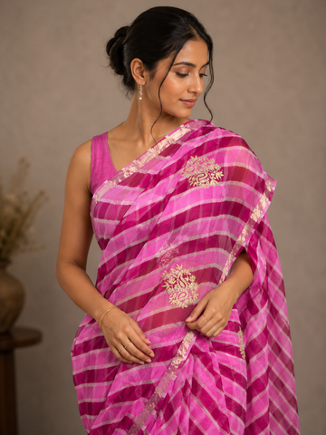 Ranas Pink & Rani Color Leheriya Saree