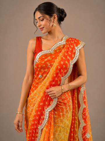 Ranas Yellow & Orange Shaded Bandhej Saree