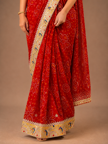 Ranas Red Color Peacock Motif Work Bandhej Saree