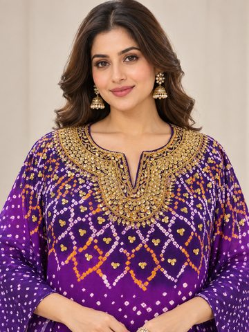 Ranas Purple Bandhej Gajji Silk Embroidered Kaftan