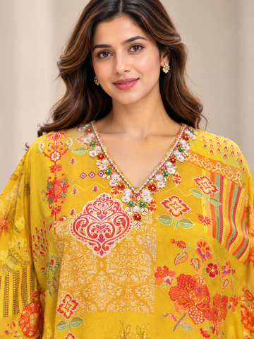 Ranas Yellow Printed Muslin Silk Embellished Kaftan Set