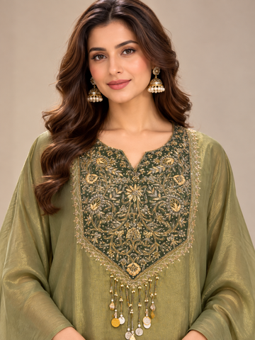 Ranas Green Tissue Organza Embroidered Kaftan Set