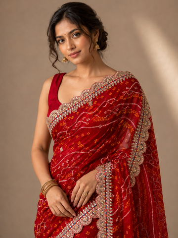 Ranas Festive Red Bandhej Saree with Traditional Embroidery