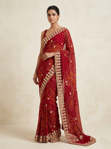 Ranas Gota Patti Work Bandhej Saree