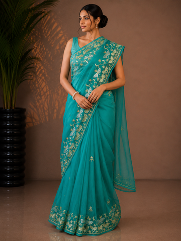 Ranas Rama Green Color Sequins & Cutdana Work Saree