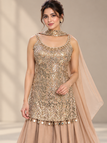 Ranas Peach Sequine work Sleeveless Short Kurti Suit Set