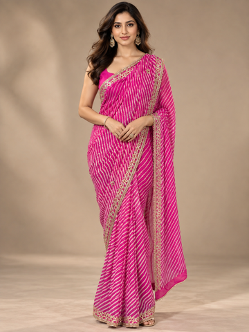 Pink Leheriya Pure Georgette Saree with Gota Patti Work