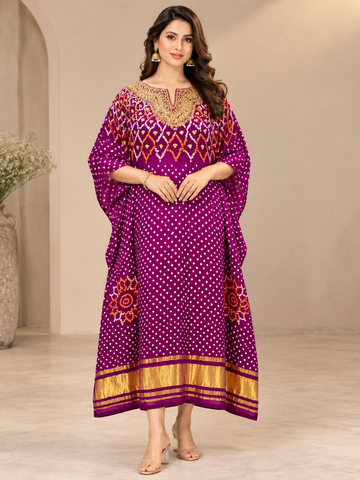 Ranas Wine Bandhej Gajji Silk Embroidered Kaftan