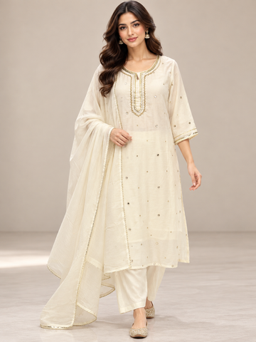 Ranas Off White Mul Cotton Three-Piece Suit Set