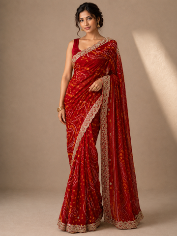 Ranas Red Color Traditional Bandhej Saree