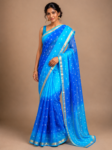 Ranas Shaded Blue Color Kota Silk Bandhej Saree
