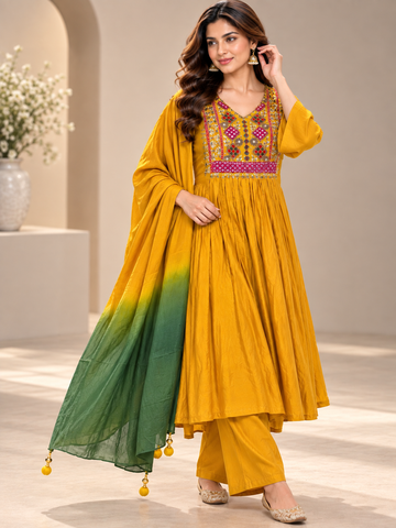 Ranas Mustard Yellow Cotton Silk  Three-Piece Suit Set