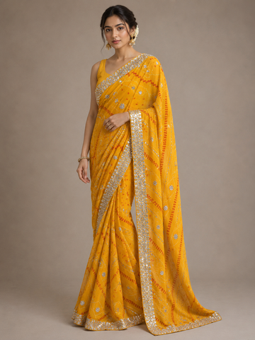 Ranas Mustard Yellow Color Wedding Wear Bandhani Saree