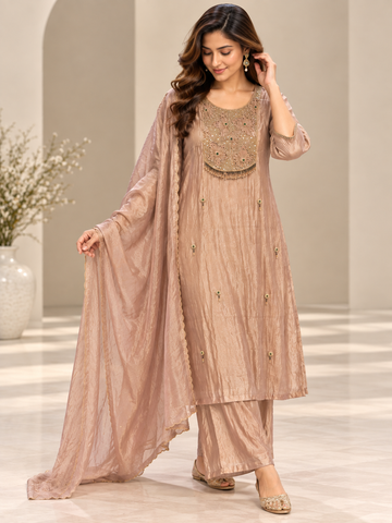 Ranas Peach Organza Tissue Embroidered Three-Piece Suit Set
