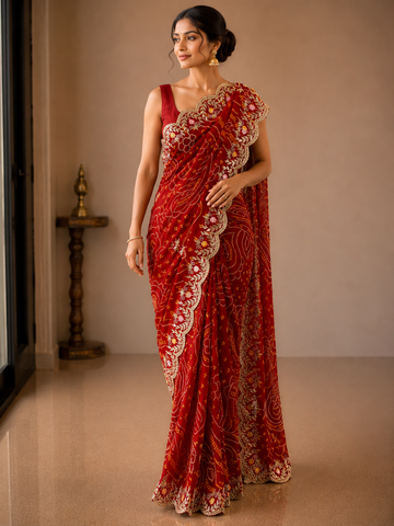 Ranas Red Color Gota Patti Work Bandhej Saree