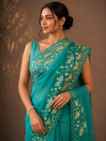 Ranas Rama Green Color Sequins & Cutdana Work Saree