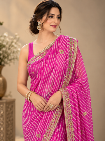 Pink Leheriya Pure Georgette Saree with Gota Patti Work