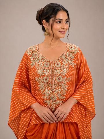Ranas Orange Leheriya Luxury Short Kaftan & Drape Dhoti Set