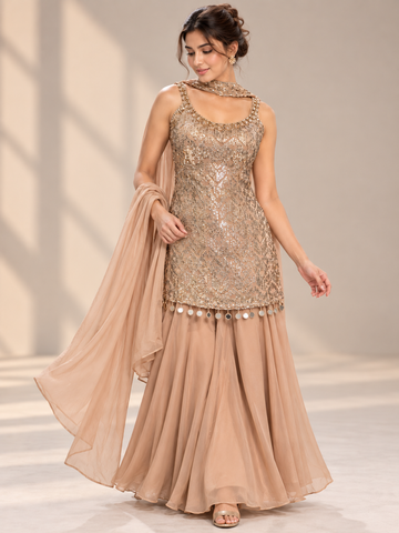 Ranas Peach Sequine work Sleeveless Short Kurti Suit Set
